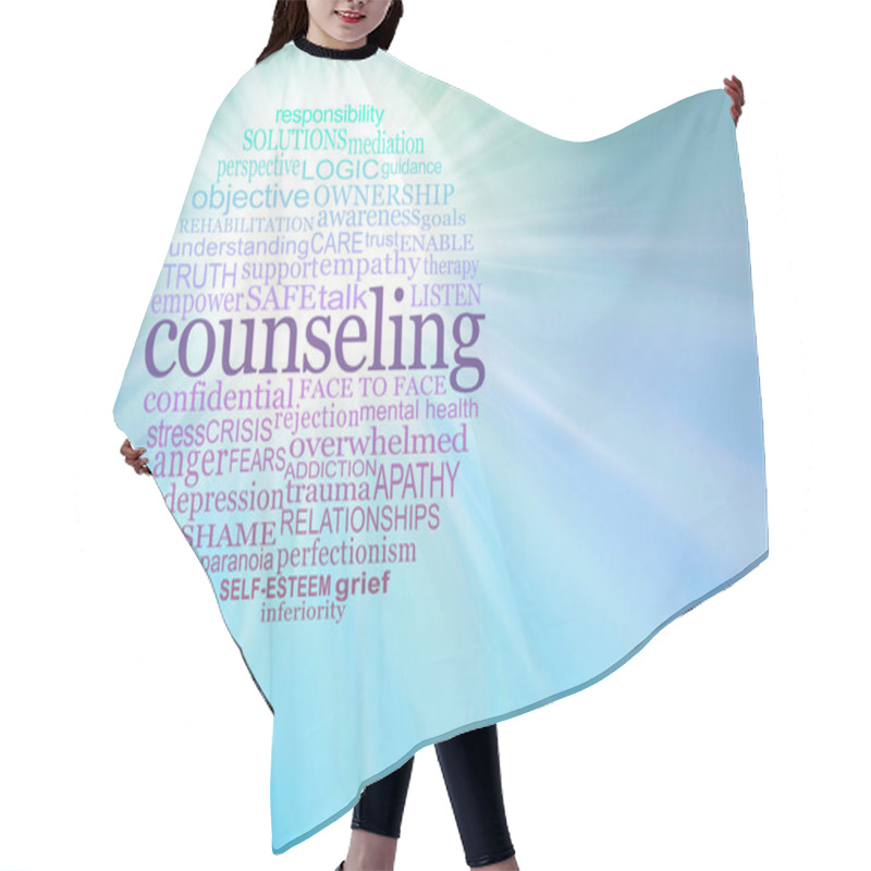 Personality  Counseling Word Bubble Message Banner Background - Jade Green Purple And Burgundy Circle Of Words Relevant To COUNSELING Against A Blue Green Graduated Light Burst Background With Copy Space For Messages Hair Cutting Cape