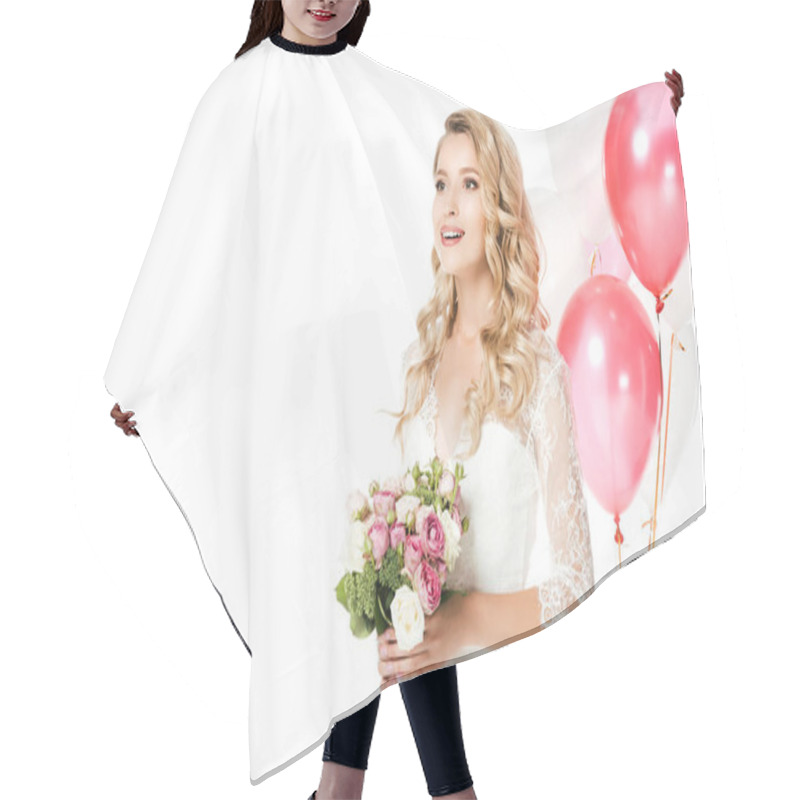 Personality  Happy Young Bride With Bridal Bouquet And Air Balloons Isolated On White Hair Cutting Cape