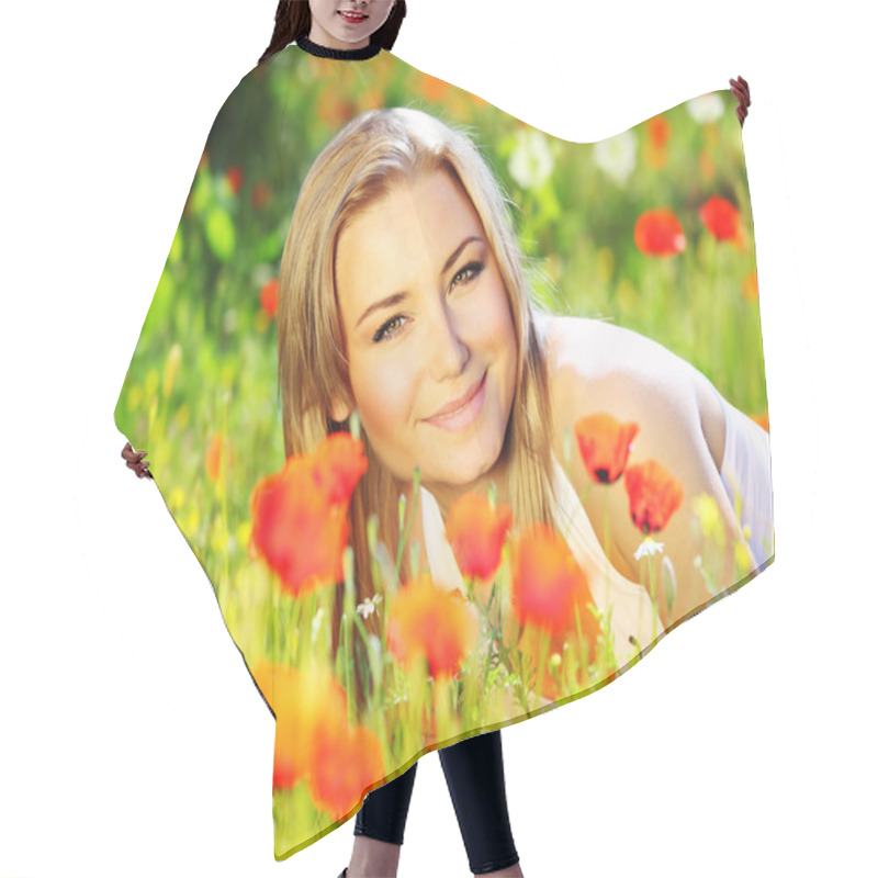 Personality  Beautiful Female Laying On The Flower Filed Hair Cutting Cape