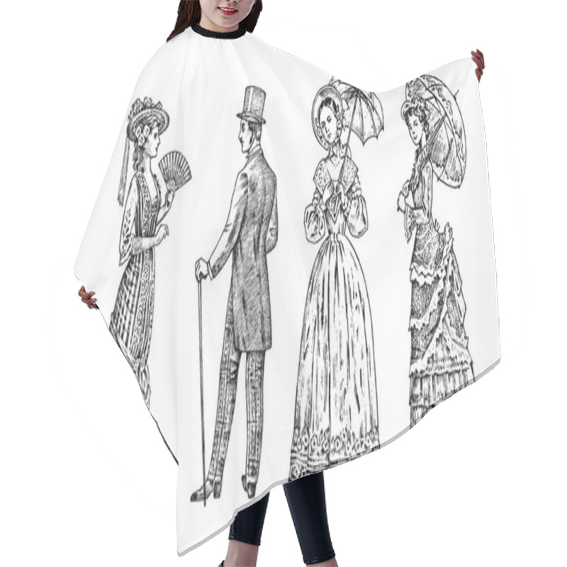 Personality  Antique Ladie And Man. Victorian Dame And Gentleman. Ancient Retro Clothing. Woman In Ball Lace Dress. Vintage Engraving Style. Hand Drawn Old Monochrome Sketch. Vector Illustration. Hair Cutting Cape