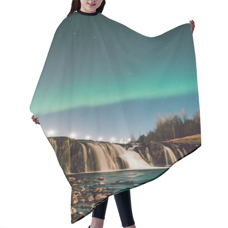 Personality  Northern Lights Illuminating Reykjafoss Waterfall In Hveragerdi, South Iceland Hair Cutting Cape