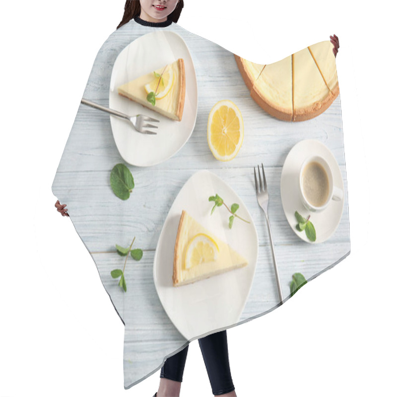 Personality  Plates With Delicious Cheesecake And Cup Of Coffee Hair Cutting Cape