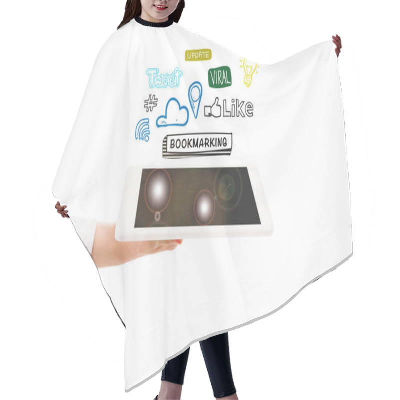 Personality  Cropped View Of Woman Holding Digital Tablet With Social Media Icons Above Isolated On White Hair Cutting Cape