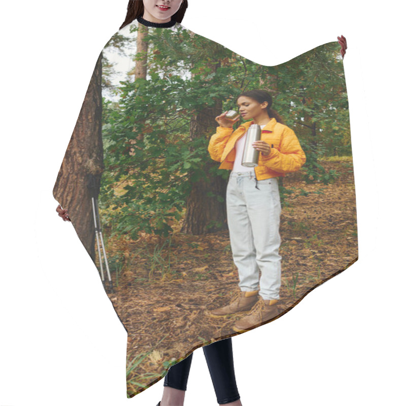 Personality  In A Beautiful Autumn Forest, A Young African American Woman Takes A Moment To Sip A Warm Drink During Her Hike. Hair Cutting Cape