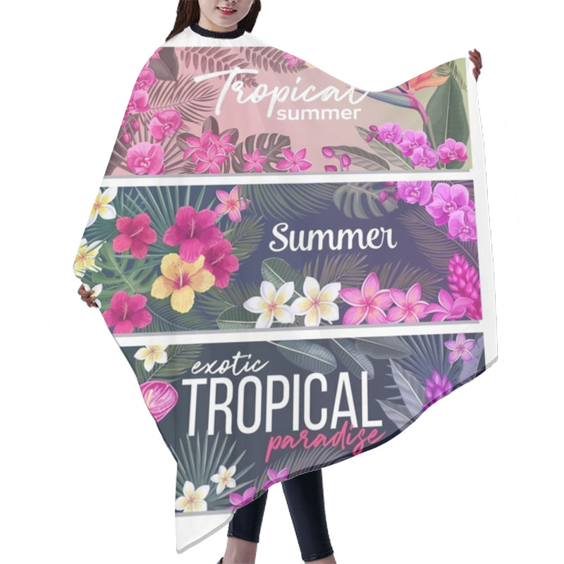 Personality  Tropical Banners With Jungle Exotic Flower And Leaves. Strelitzia, Anthurium, Hibiscus, Plumeria, Orchid And Ginger Flower. Summer Tropical Paradise Design. Vector Illustration. Hair Cutting Cape