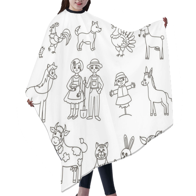 Personality  Cartoon Collection Of Domestic Animals And Couple Of Farmers On White Background Hair Cutting Cape