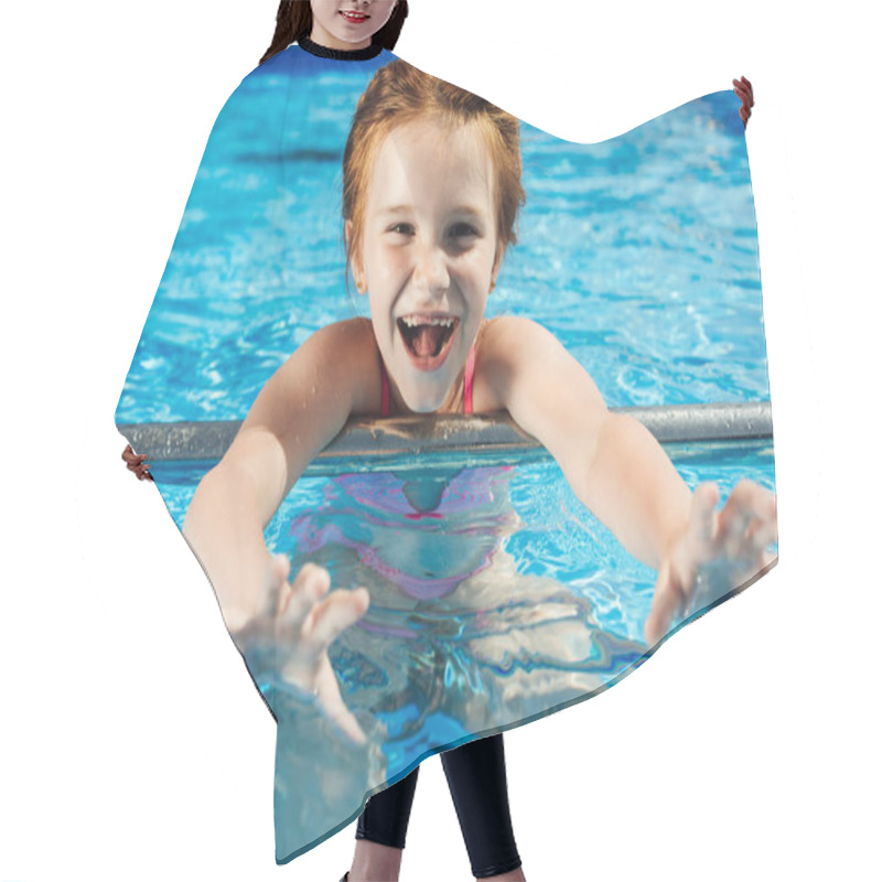 Personality  Close-up Portrait Of Adorable Little Child In Bikini In Swimming Pool Looking At Camera Hair Cutting Cape