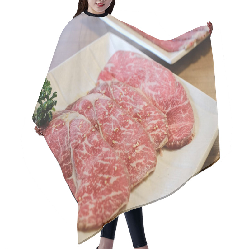 Personality  Premium Raw Wagyu Japanese Beef On White Plate Hair Cutting Cape