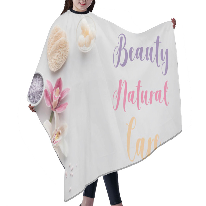 Personality  Top View Of Spa Accessories And Inscription Beauty Natural Care On White Hair Cutting Cape