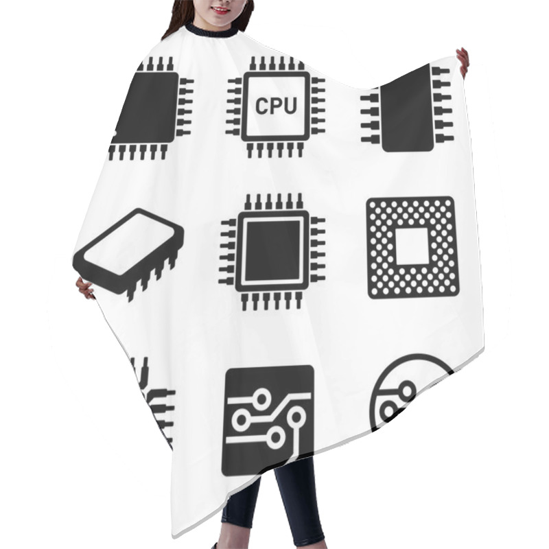 Personality  CPU Microprocessor And Chips Icons Set. Vector Hair Cutting Cape