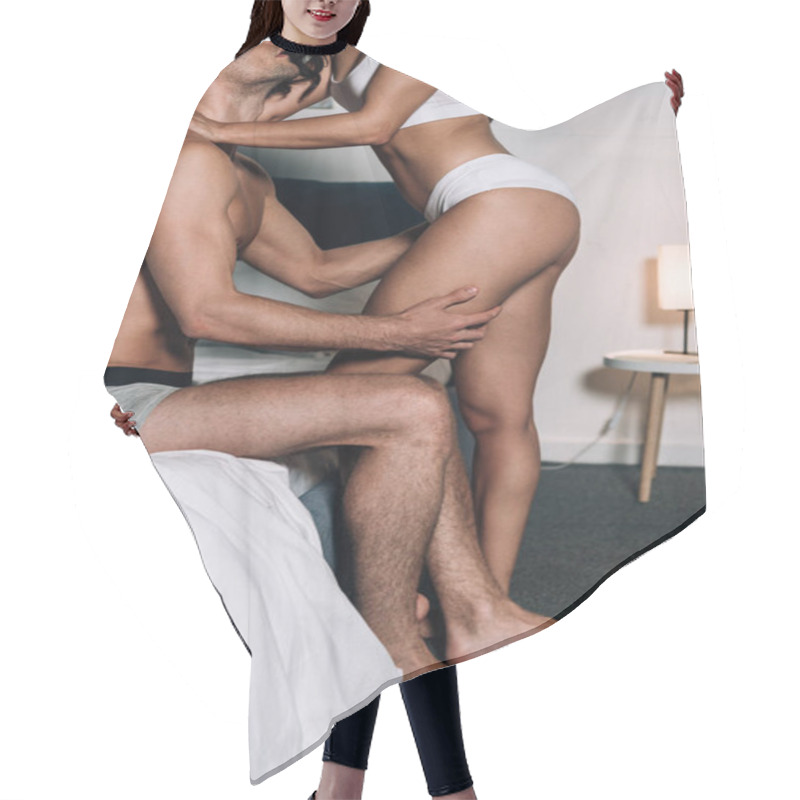 Personality  Cropped View Of Sexy Girl In Lingerie And Boyfriend Sitting On Bed And Hugging Her Hair Cutting Cape