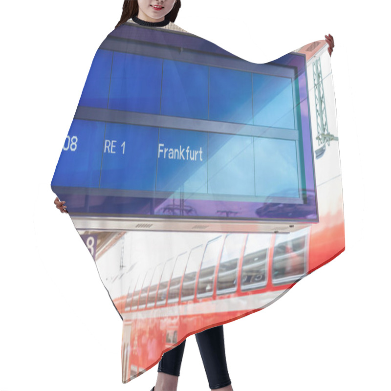 Personality  Close-up Sign Data Information Timetable Digital Display Board Against Fast Moving Modern Regional Red Double Decker Express Train At Sunset On German Railway Platform. Railroad Travel Ticket Concept. Hair Cutting Cape