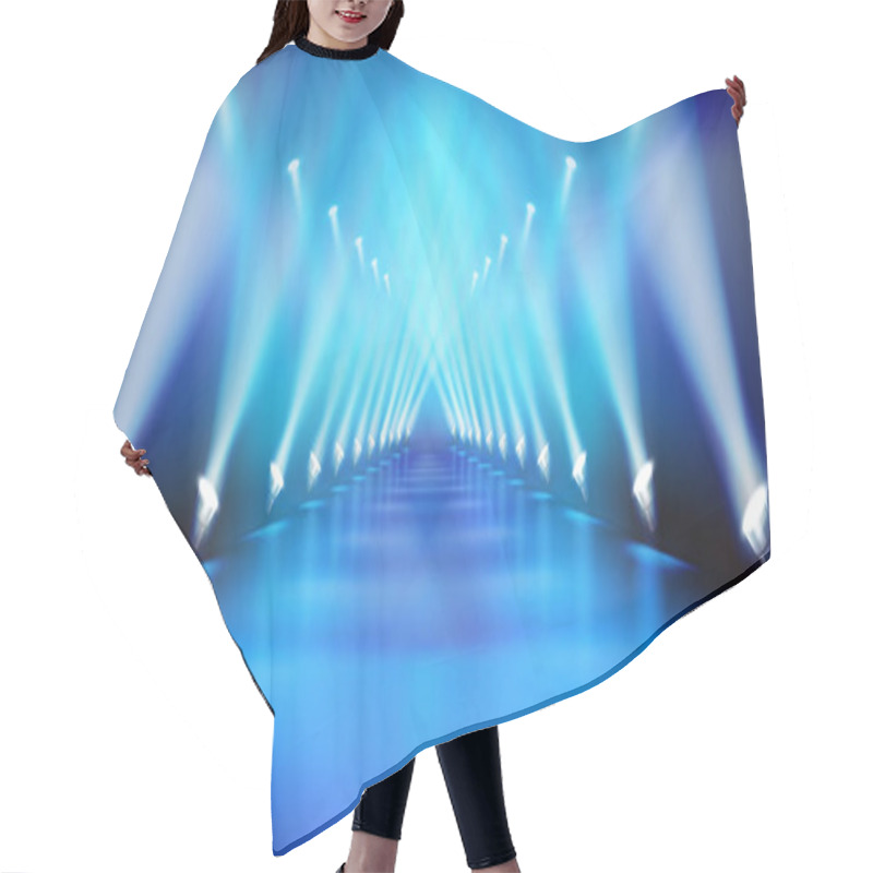 Personality  Stage Podium During The Show. Blue Background. Fashion Runway. Vector Illustration. Hair Cutting Cape