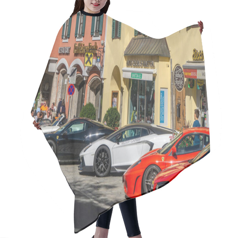 Personality  Kitzbuehel, Austria - 30.09.2018: Luxury Supercars Parked In The Town Center Hair Cutting Cape