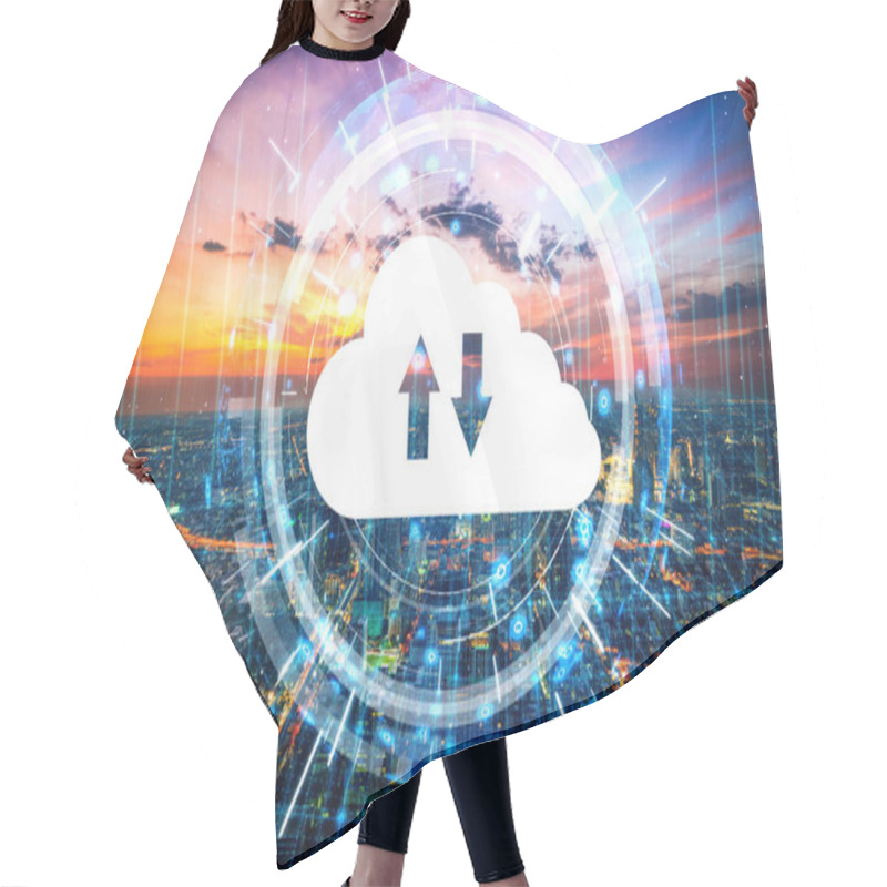 Personality  Cloud Computing Technology And Online Data Storage For Business Network Concept. Computer Connects To Internet Server Service For Cloud Data Transfer Presented In 3D Futuristic Graphic Interface. Hair Cutting Cape