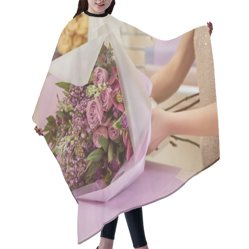 Personality  Cropped View Of Florist Making Bouquet Of Tulips, Peonies And Lilac On Table Hair Cutting Cape