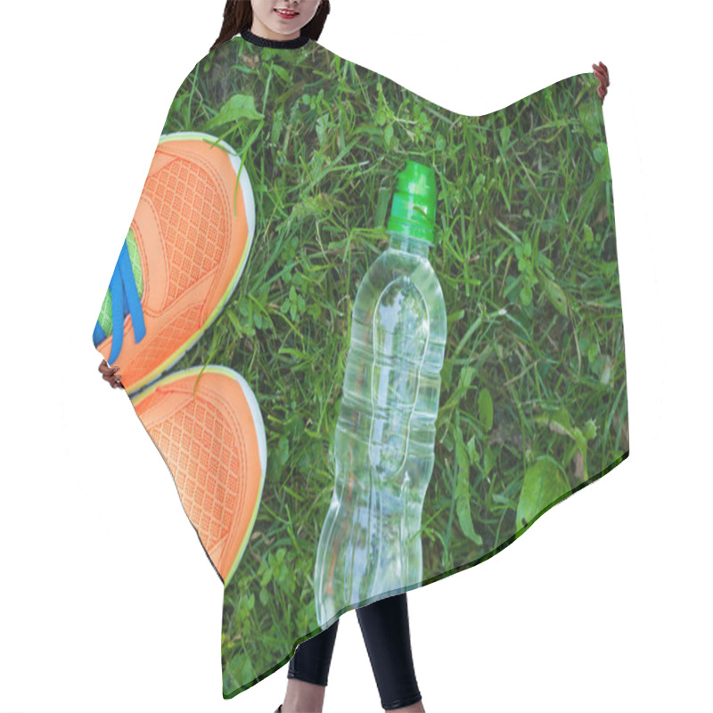 Personality  Sports Shoes Sneakers And Bottle Of Water On A Fresh Green Grass Hair Cutting Cape