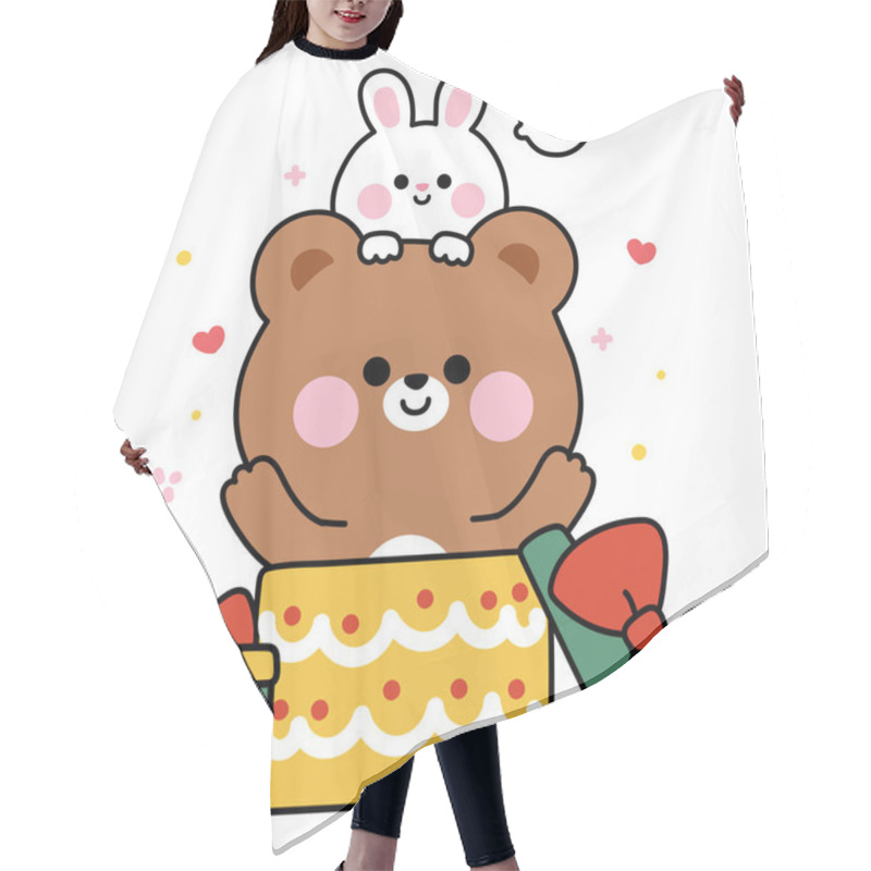 Personality  Cute Teddy Bear And Rabbit Bunny Stay In Bow Gift Box.Heart.Surprised.Presents.Birthday.Celebrated.Party.Wild And Rodent Animal Character Cartoon.Kawaii.Vector.Illustration. Hair Cutting Cape