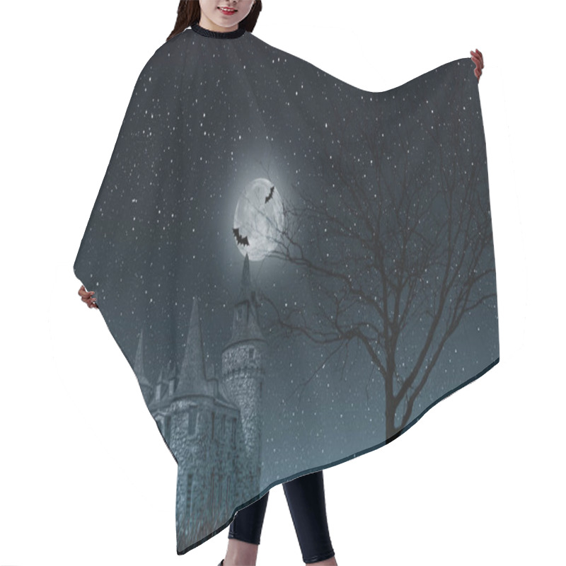 Personality  Old Mysterious Castle With Full Moon And Bats, Old Tree And Starry Sky Closeup Hair Cutting Cape