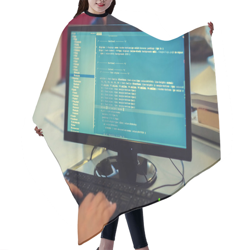 Personality  Developer Working On Source Codes On Computer At Office. Hair Cutting Cape