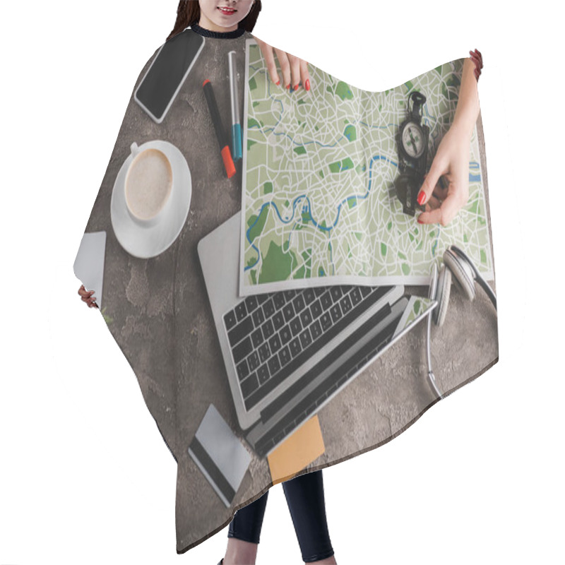 Personality  Top View Of Woman Near Map, Compass, Credit Cards And Gadgets, E-commerce Concept, E-commerce Concept Hair Cutting Cape