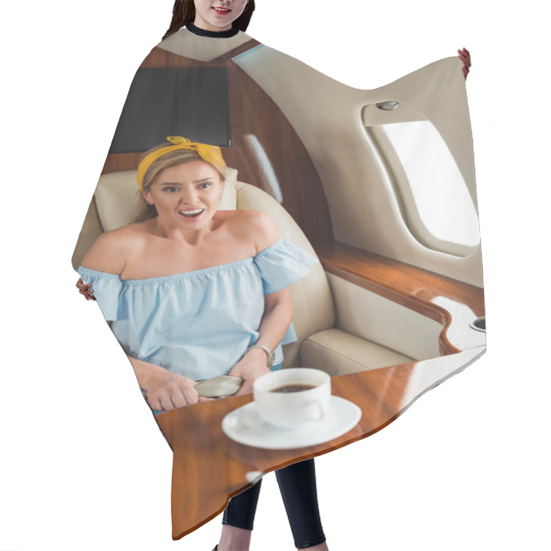 Personality  Selective Focus Of Woman With Fear Of Flight In Private Plane  Hair Cutting Cape