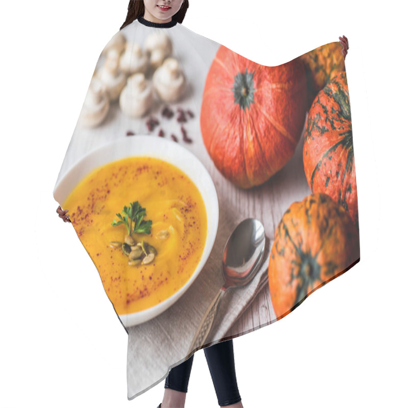 Personality  Pumpkin Soup With Seeds And Parsley. Vegan Food Hair Cutting Cape