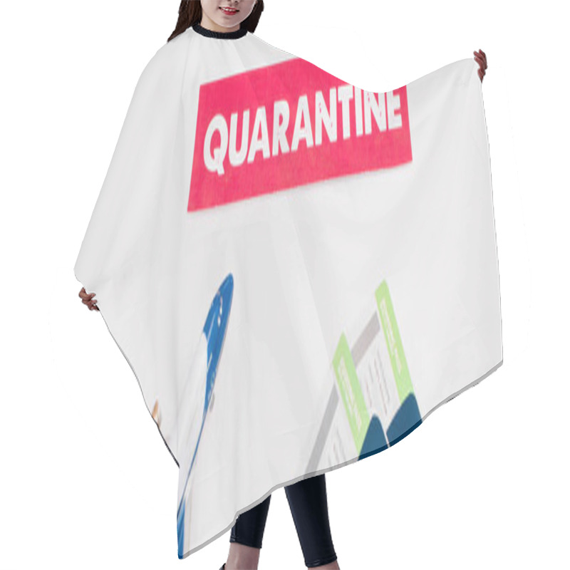 Personality  Panoramic Shot Of Toy Near Card With Quarantine Lettering And Passports With Air Tickets On White Hair Cutting Cape