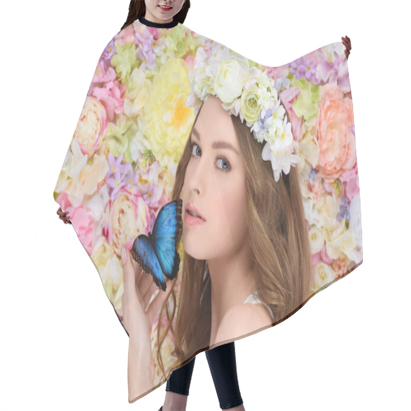 Personality  Beautiful Young Woman In Floral Wreath With Butterfly On Hand Hair Cutting Cape