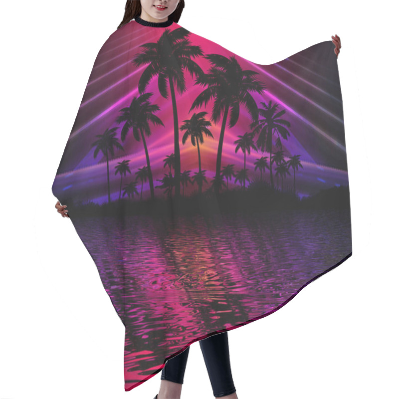 Personality  Abstract Modern Futuristic Dark Landscape With Tropical Palm Trees, Neon Lights, Rays. Reflection In The Water, Night View, Abstract Tropical Background. 3d Illustration Hair Cutting Cape