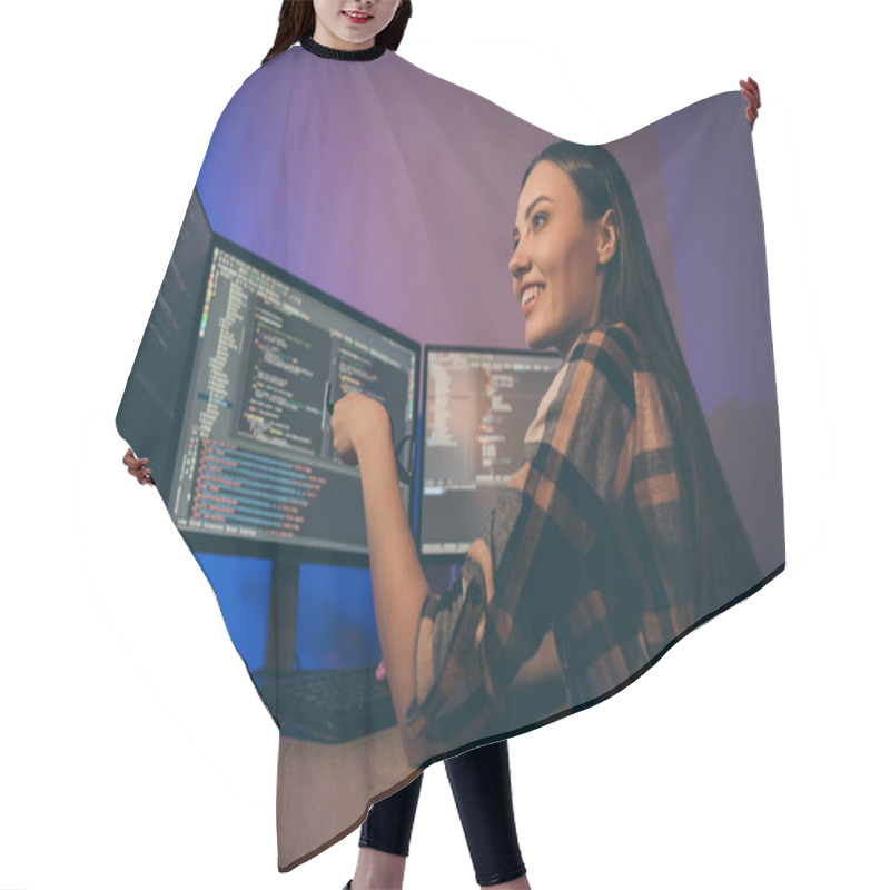 Personality  Profile Side Photo Of Cheerful Positive Nice Pretty Woman Smiling Toothily Holding Eye Glasses Sitting Near Screens Looking Through Code Written Hair Cutting Cape