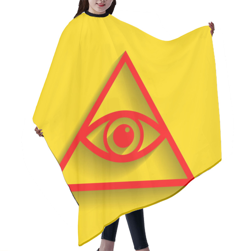 Personality  All Seeing Eye Pyramid Symbol. Freemason And Spiritual. Vector. Red Icon With Soft Shadow On Golden Background. Hair Cutting Cape