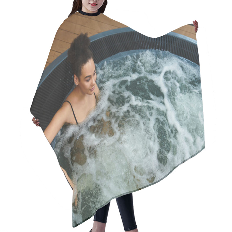 Personality  A Beautiful Young Woman Relaxes In A Soothing Spa Hot Tub, Embracing Self Care And Wellbeing. Hair Cutting Cape