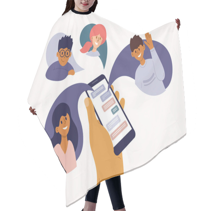 Personality  Group Of People Chatting Online. Mobile App Messenger. Cellphone Screen With Friends Talking By Internet. Using Smartphone For Virtual Meeting With Boy, Girl, Colleague, Relatives. Vector Illustration Hair Cutting Cape