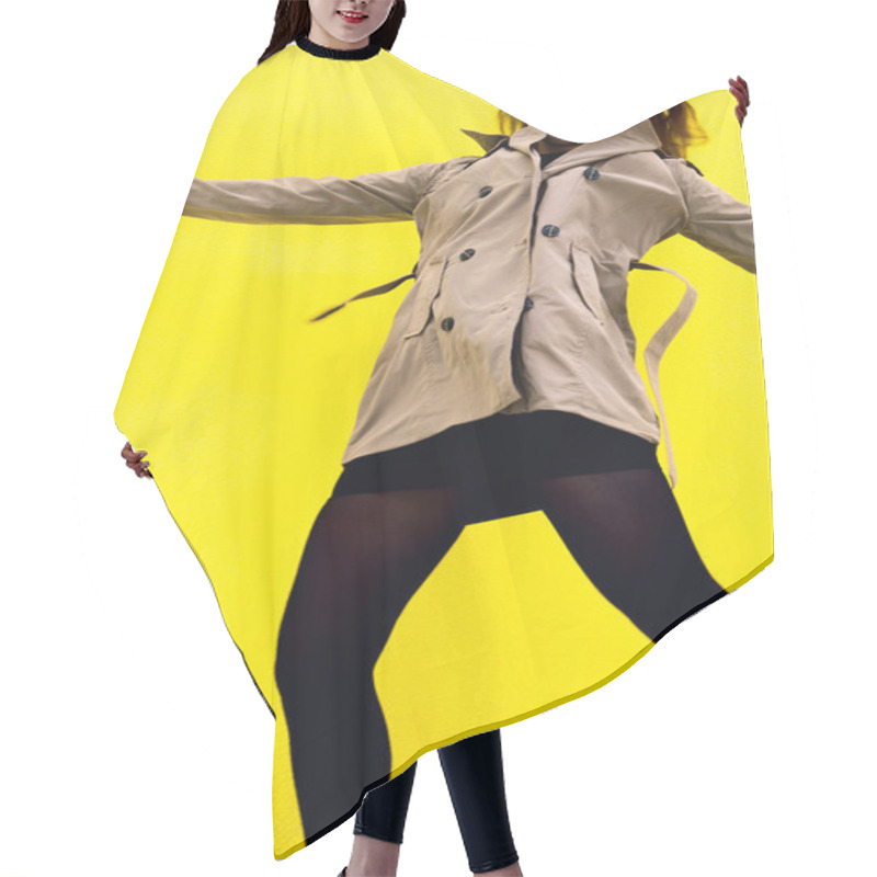 Personality  Beautiful Girl In A Coat. Yellow Background Hair Cutting Cape