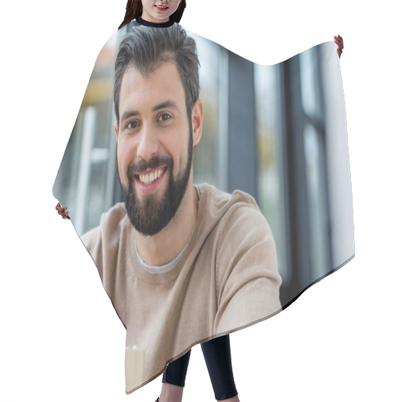 Personality  Smiling Handsome Man Holding Cup Of Coffee With Marshmallow And Looking At Camera Hair Cutting Cape