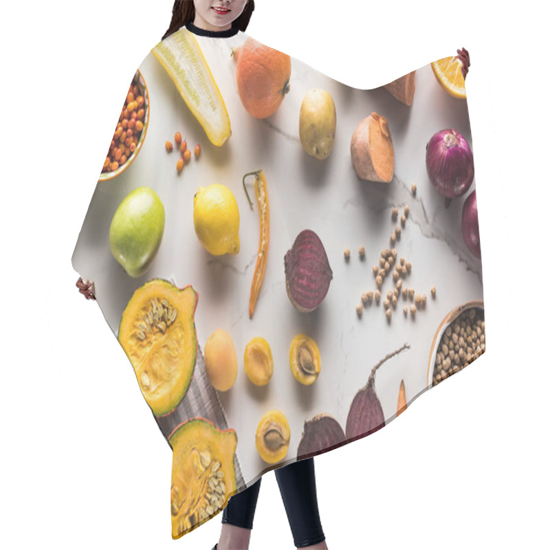 Personality  Top View Of Season Autumn Vegetables, Fruits And Berries With Chickpea On Marble Surface Hair Cutting Cape