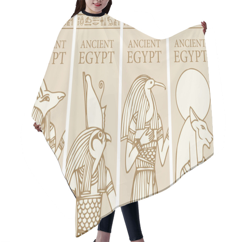 Personality  Set Of Vector Banners With Egyptian Gods - Horus, Thoth, Anubis, Goddess Bastet. Advertising Posters Or Flyers For Travel Agency With Egyptian Hieroglyphs And Inscription Ancient Egypt. Hair Cutting Cape