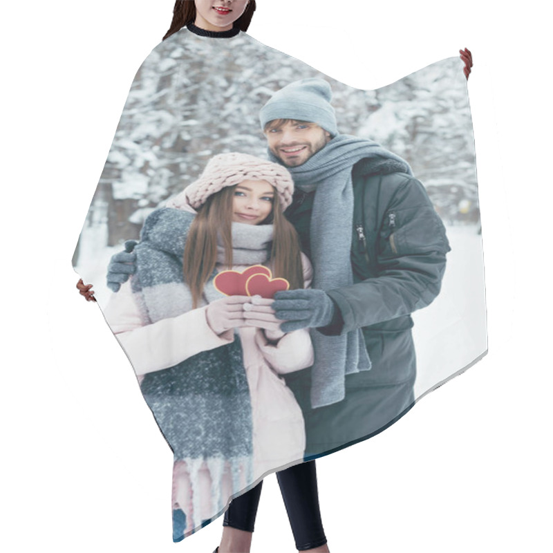 Personality  Tender Couple With Red Hearts In Snowy Park On Winter Day Hair Cutting Cape