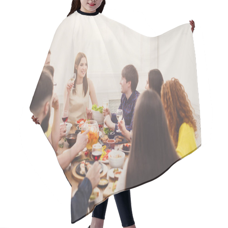 Personality  Group Of Happy Young People Talking At Dinner Table, Friends Party Hair Cutting Cape