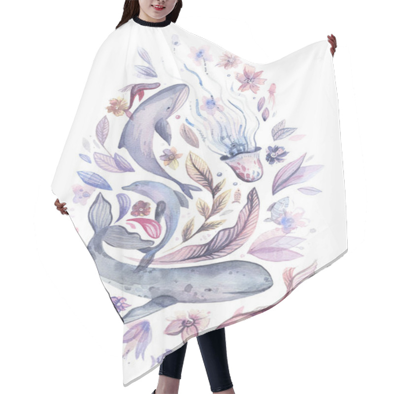 Personality  Watercolor Illustration Of Marine Life On A White Background. Whale, Shark, Dolphin, Fish, Jellyfish, Seaweed, And Fantastic Sea Flowers.  Hair Cutting Cape