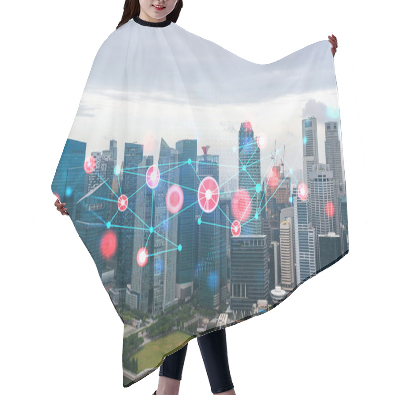 Personality  Abstract Technology Icons Hologram Over Panorama City View Of Singapore, Asia. The Concept Of People Networking And Connections. Double Exposure. Hair Cutting Cape