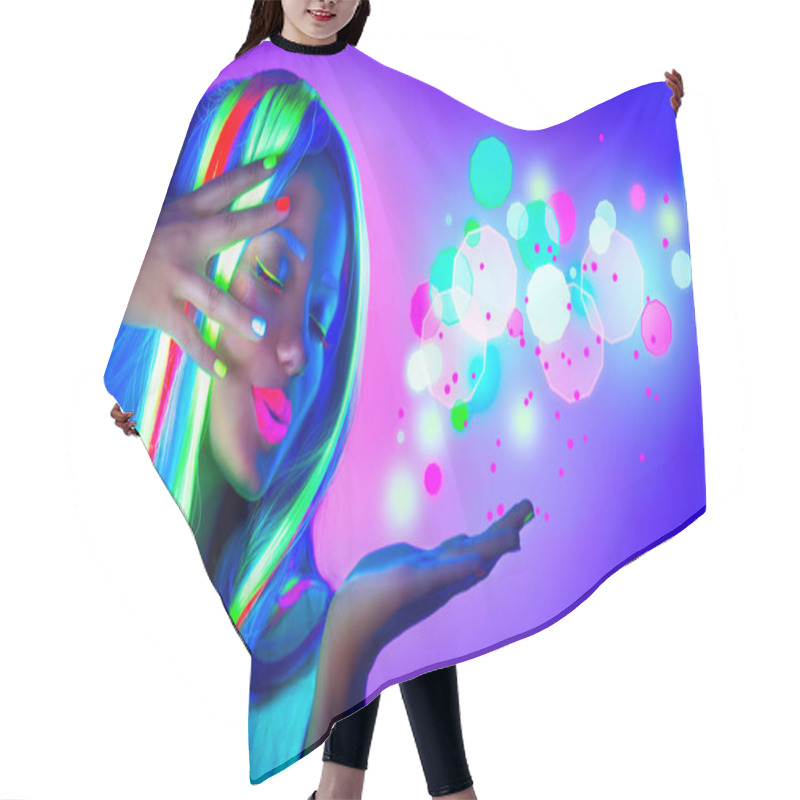 Personality  Fashion Woman In Neon Light.  Hair Cutting Cape