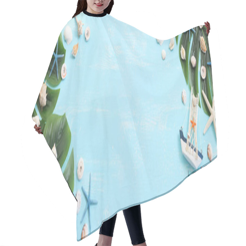 Personality  Nautical Concept With White Decorative Sail Boat, Seashells Over Blue Wooden Background Hair Cutting Cape