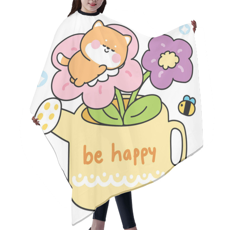 Personality  Cute Shiba Inu Dog Sleep On Big Flower Grow In Watering Can.Bee.Water.Soil.Nature Floral.Japanese Pet Animal Character Cartoon Design.Kawaii.Vector.Illustration. Hair Cutting Cape