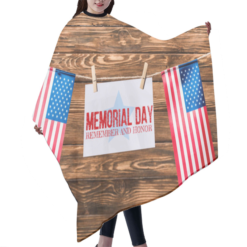 Personality  Card With Memorial Day Lettering Hanging On String With Pins And American Flags On Wooden Background Hair Cutting Cape