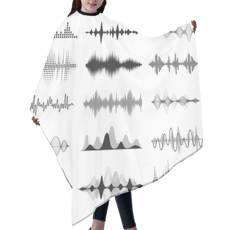 Personality  Black Sound Waves. Music Audio Frequency, Voice Line Waveform, Electronic Radio Signal, Volume Level Symbol. Vector Radio Waves Set Hair Cutting Cape