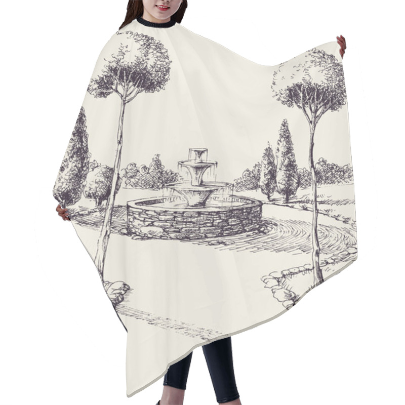 Personality  Water Fountain In A Park Hand Drawing. Park Alley Sketch Hair Cutting Cape