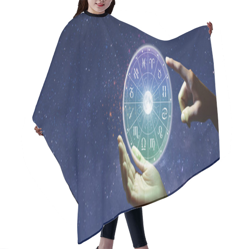 Personality  Astrological Zodiac Signs Inside Of Horoscope Circle. Astrology, Knowledge Of Stars In The Sky Over The Milky Way And Moon. The Power Of The Universe Concept. Hair Cutting Cape