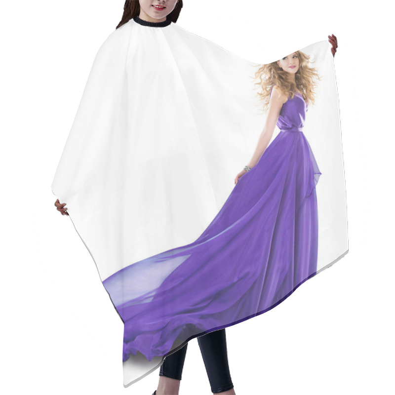 Personality  Woman Long Purple Dress, Fashion Model In Evening Gown, On White Hair Cutting Cape